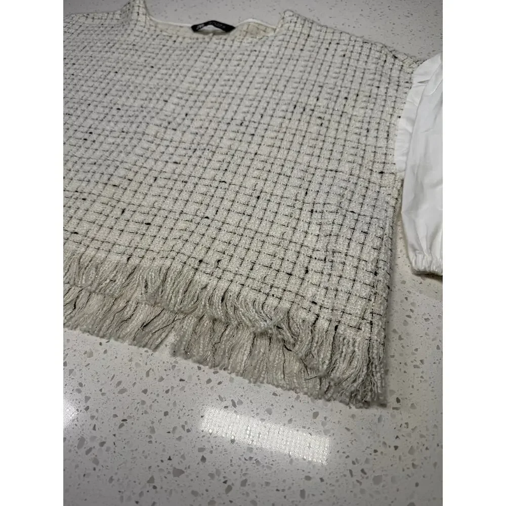 ZARA Textured Tweed Crop Top Blouse Puff Sleeve White size L - Picture 2 of 9